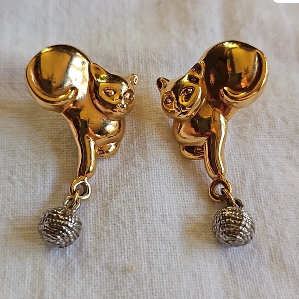 Gold Cat Drop Earrings with Silver Ball Dangles vintage